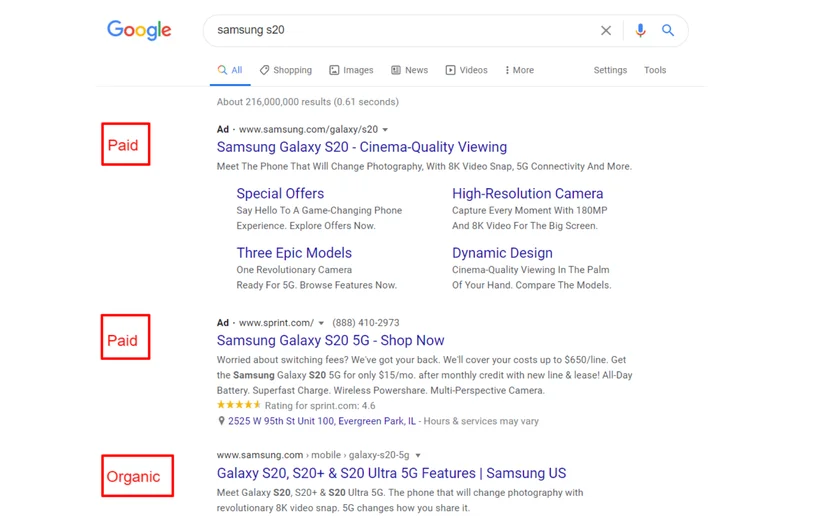 google serp showing seo websites and pcc websites