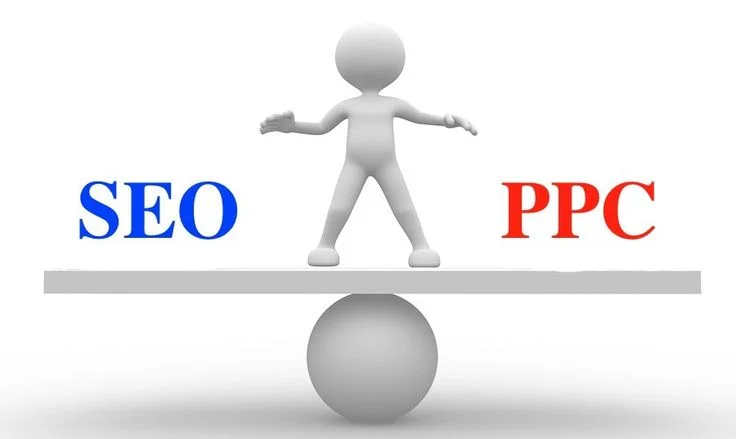 Figure balancing SEO and PPC on a scale