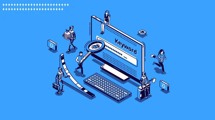 Keyword research concept with magnifying glass and analytics
