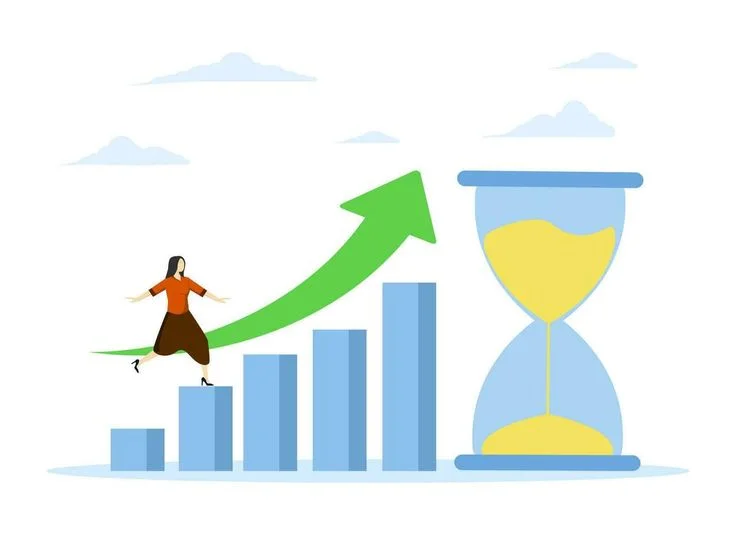 Woman climbing upward bar chart with hourglass, symbolizing quick wins and long-term growth