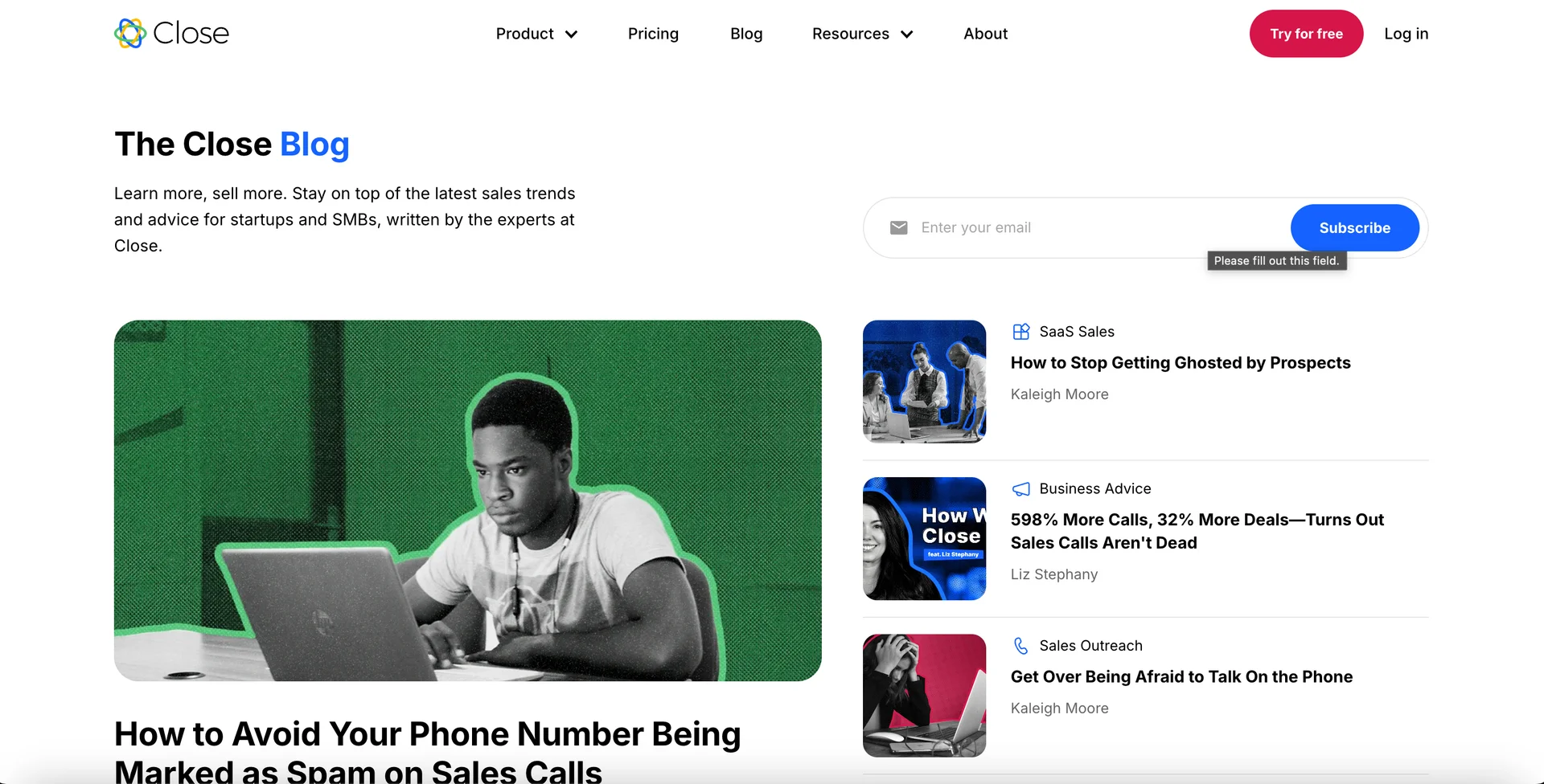 screenshot of close's blog