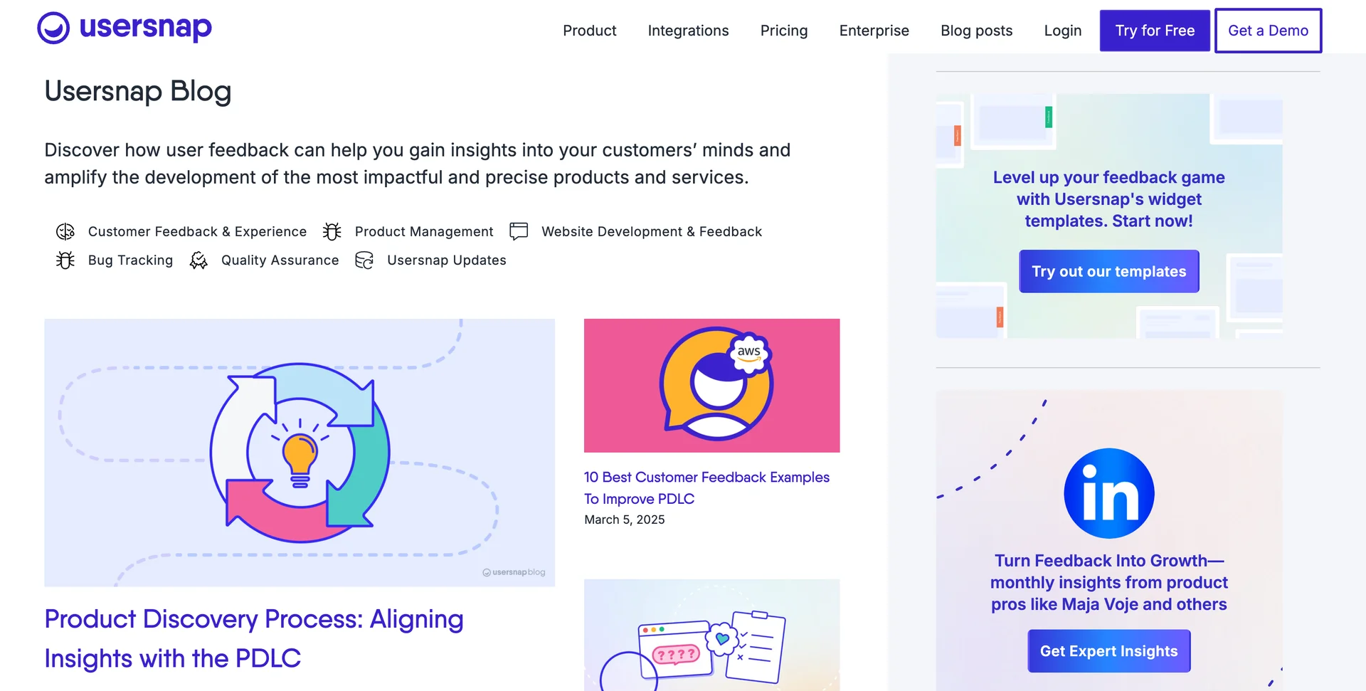 Screenshot of usersnap's blog 