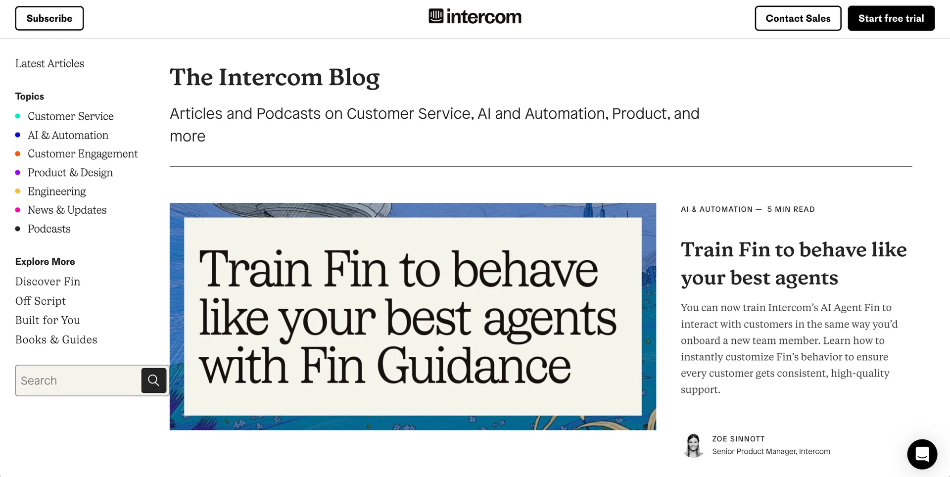 screenshot of intercom's blog 