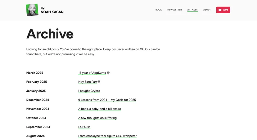 Screenshot of Noah Kagan's blog