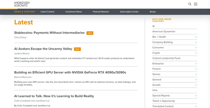 Screenshot of Andreessen Horowitz's blog