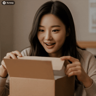 브랜드 언박싱 순간에 감동하는 한국 여성 고객 – 감성적인 패키징과 사용자 경험을 보여주는 클로즈업 이미지