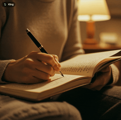 다이어리에 손글씨를 쓰는 한국 여성의 손, 감성 브랜딩에 어울리는 따뜻한 조명과 아날로그 무드 연출, 소프트 포커스로 표현된 일상 콘텐츠 이미지