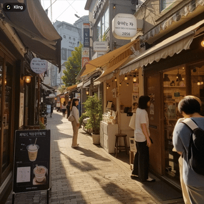 햇살 가득한 서울의 세련된 카페 거리, 감성적인 한글 간판과 미니멀한 팝업스토어 부스, MZ세대가 소품을 구경하는 따뜻한 오후의 자연광 풍경