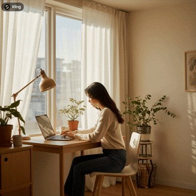 침대에 걸터앉은 한국 여성, 창밖을 조용히 바라보는 장면, 부드러운 조명과 흐릿한 배경, 필름 톤으로 연출된 잔잔한 분위기