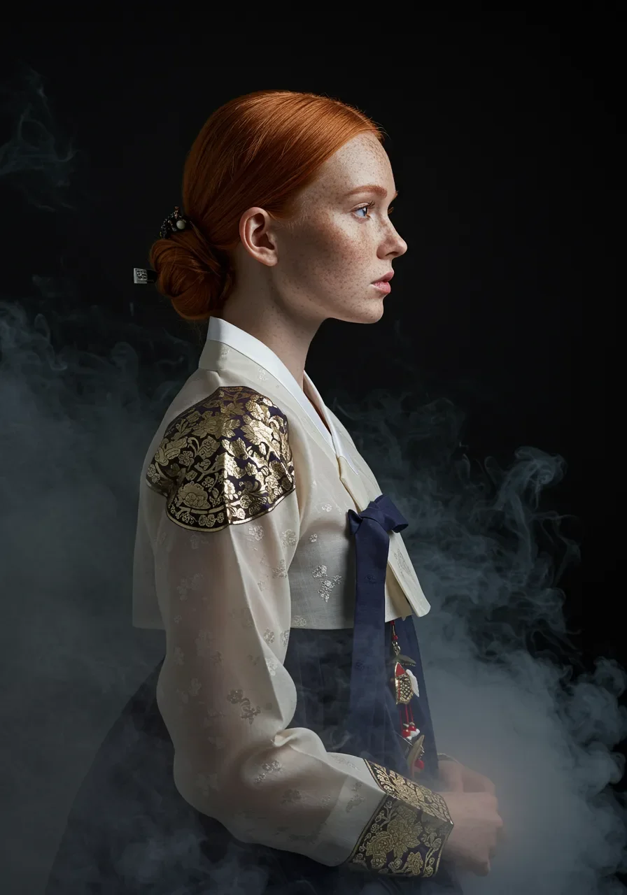 한복을 입은 여성이 한옥을 배경으로 서 있는 고품질 AI 생성 이미지 예시