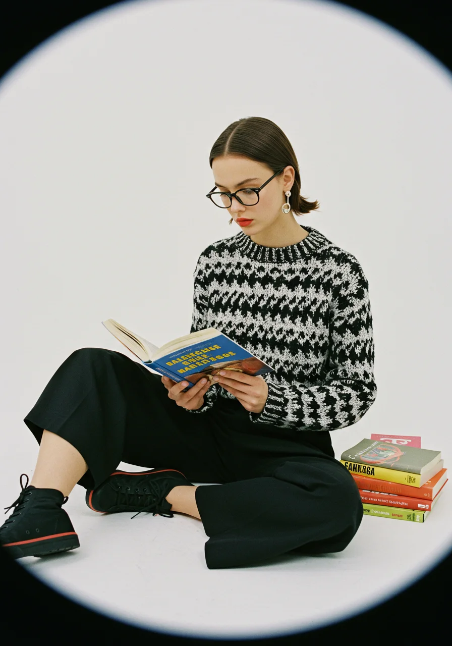 흰색 배경에서 책을 읽는 패셔너블한 모델을 어안렌즈 효과로 독특하게 촬영한 AI 생성 이미지 예시