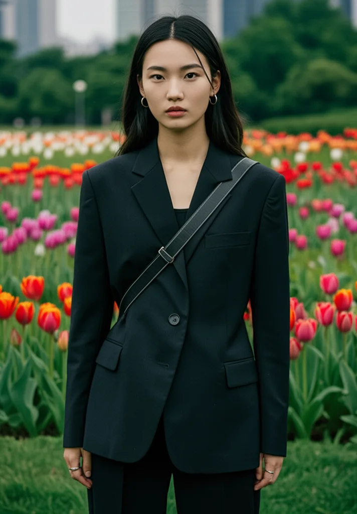 배경을 튤립으로 교체한 여성의 AI 생성 이미지