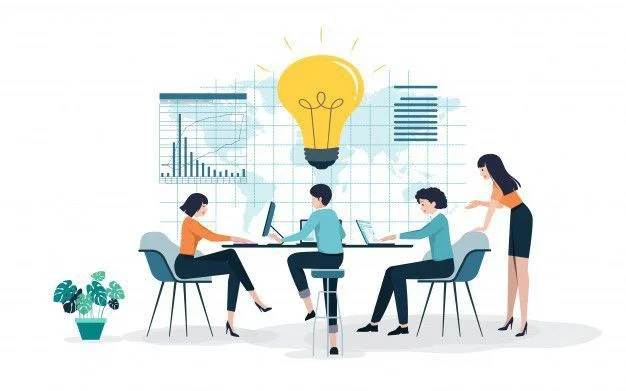 Group working on data-driven strategy with idea icon