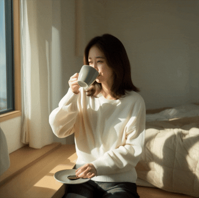 20대 한국 여성 직장인이 따뜻한 오후 햇살 아래 창가에서 커피를 마시며 하루를 돌아보는 모습, 소프트한 감성 톤의 브이로그 스타일 연출