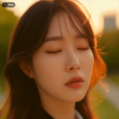 해 질 무렵 여의도 고층 빌딩 사이를 걷는 한국 여성, 이어폰을 끼고 음악을 들으며 퇴근하는 모습, 노을빛이 부드럽게 비추는 감성적인 도시 브이로그 연출