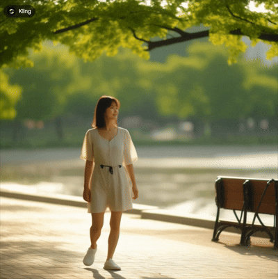 한강공원 벤치 옆을 천천히 걷는 한국 여성, 따뜻한 오후 햇살이 얼굴에 닿고 자연광이 부드럽게 비치는 감성적인 브이로그 스타일, 고요하고 평화로운 분위기의 일상 장면