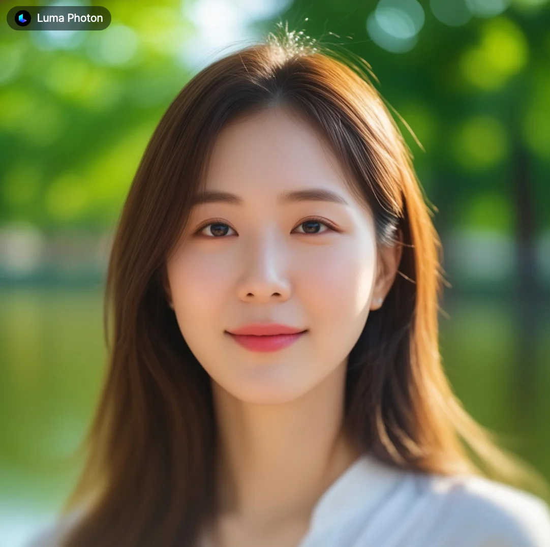 따뜻한 햇살 아래 미소 짓는 한국 여성, 여름 오후 한강공원에서 감성 브이로그 스타일로 정면을 바라보는 장면. 밝고 자연스러운 분위기 연출