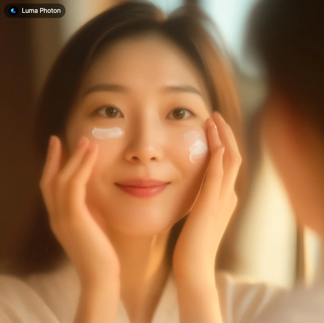 햇살 가득한 창가 앞에서 거울을 보며 미소 짓는 한국 여성. 세안 후 맑은 피부에 크림을 부드럽게 바르는 장면. 피부에 닿는 제형이 돋보이도록 손 동작과 표정을 클로즈업, 따뜻하고 신뢰감 있는 뷰티 광고 연출