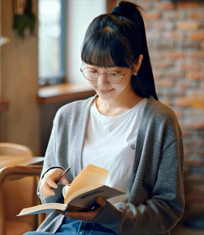 좋아하는 카페에서 혼자 책을 읽거나 다이어리를 쓰며 커피 한 잔으로 여유를 즐기는 한국 여성, 따뜻한 분위기의 감성 브이로그 스타일 장면