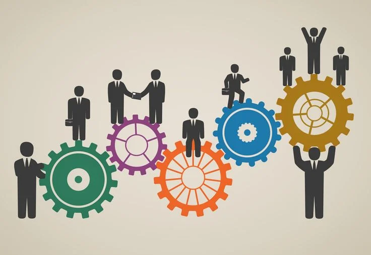 Team collaboration and workflow mechanics illustration