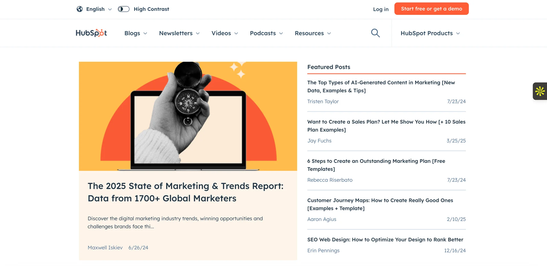 Screenshot of Hubspot's blog