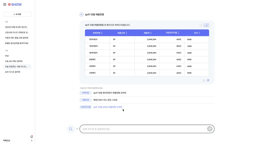 제조업 AI 챗봇, 자연어로 질문해도 매출 데이터를 직관적인 표형태로 확인할 수 있다