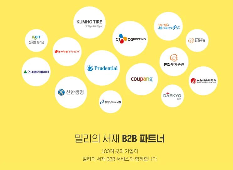 밀리의 서재 전자책을 이용하고 있는 기업 모음들 사진 쿠팡, 신한 생명, 한화 투자 증권 등이 있다.