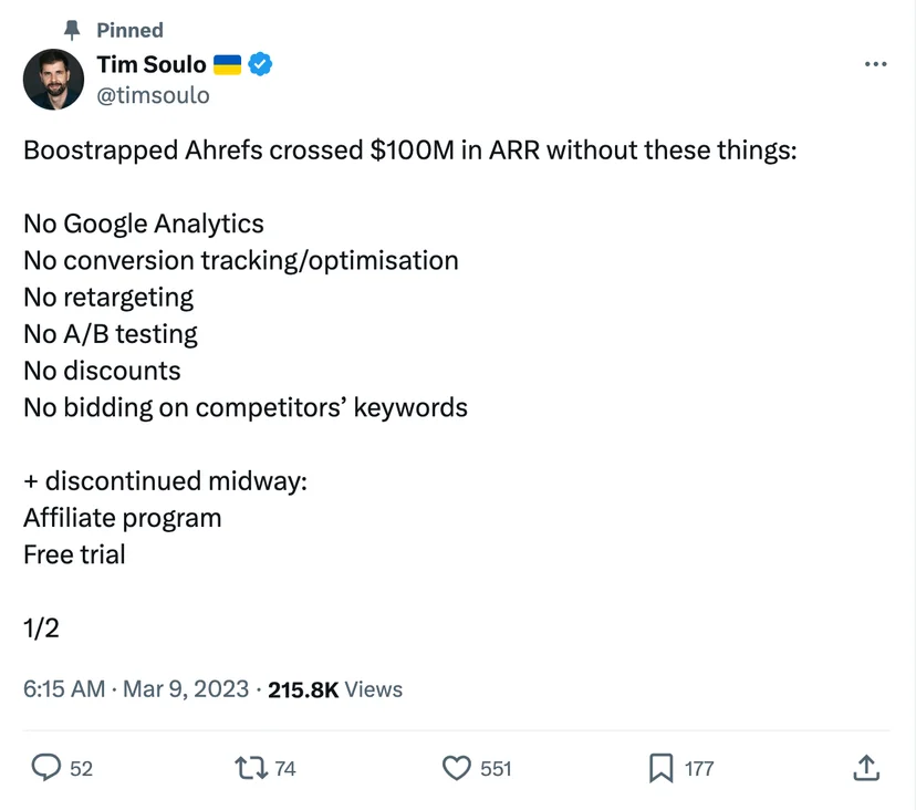 GA, 리타겟팅, A/B 테스트 같은 정교한 세팅 없이 $100M ARR(연반복매출)을 만들어낸 Ahrefs
