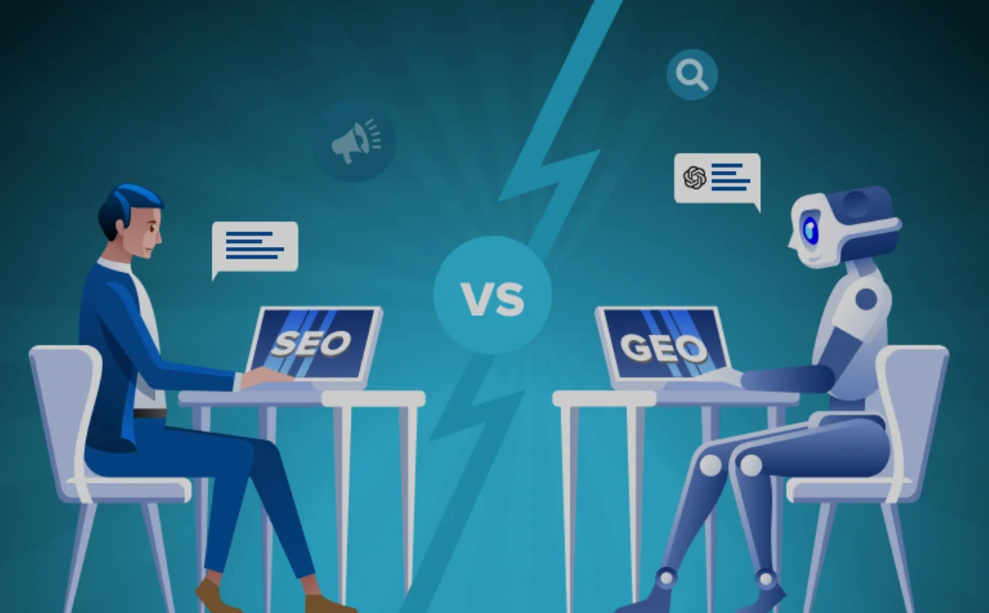 representation of a man (SEO) vs a robot (GEO)