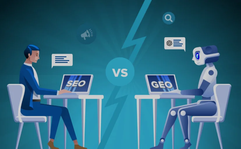 representation of a man (SEO) vs a robot (GEO)