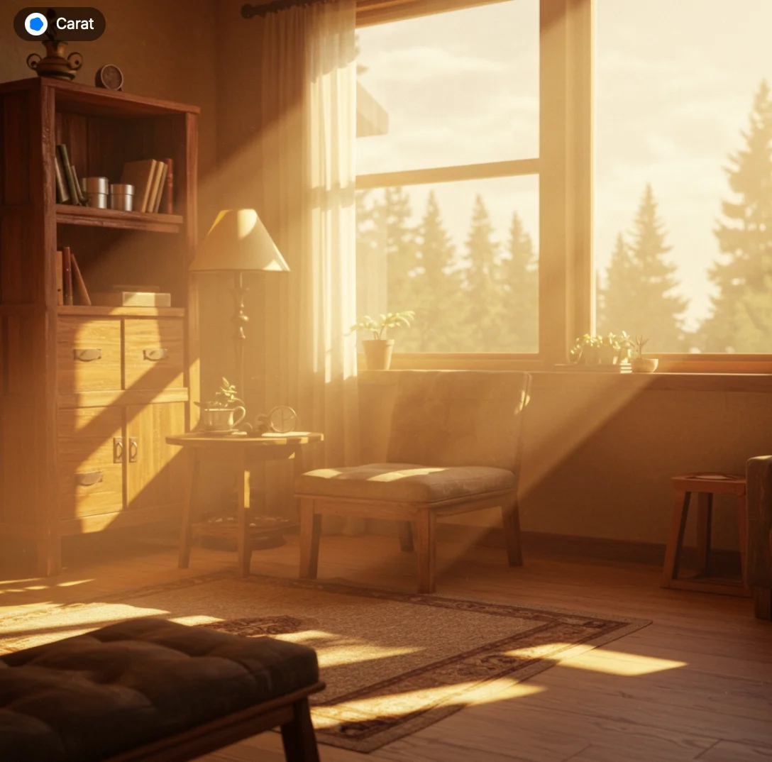 따뜻한 햇살이 부드럽게 스며드는 우드톤 가구가 놓인 방, 소프트 포커스로 표현된 아늑한 실내 분위기