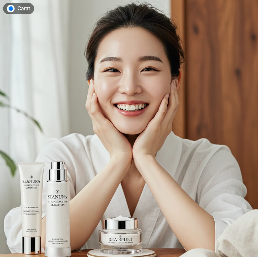 맑고 투명한 피부의 한국인 여성 모델이 자연광 아래 환하게 미소 짓는 모습, 우드톤 배경과 화이트 리넨, 고급스러운 유리병에 담긴 스킨케어 제품