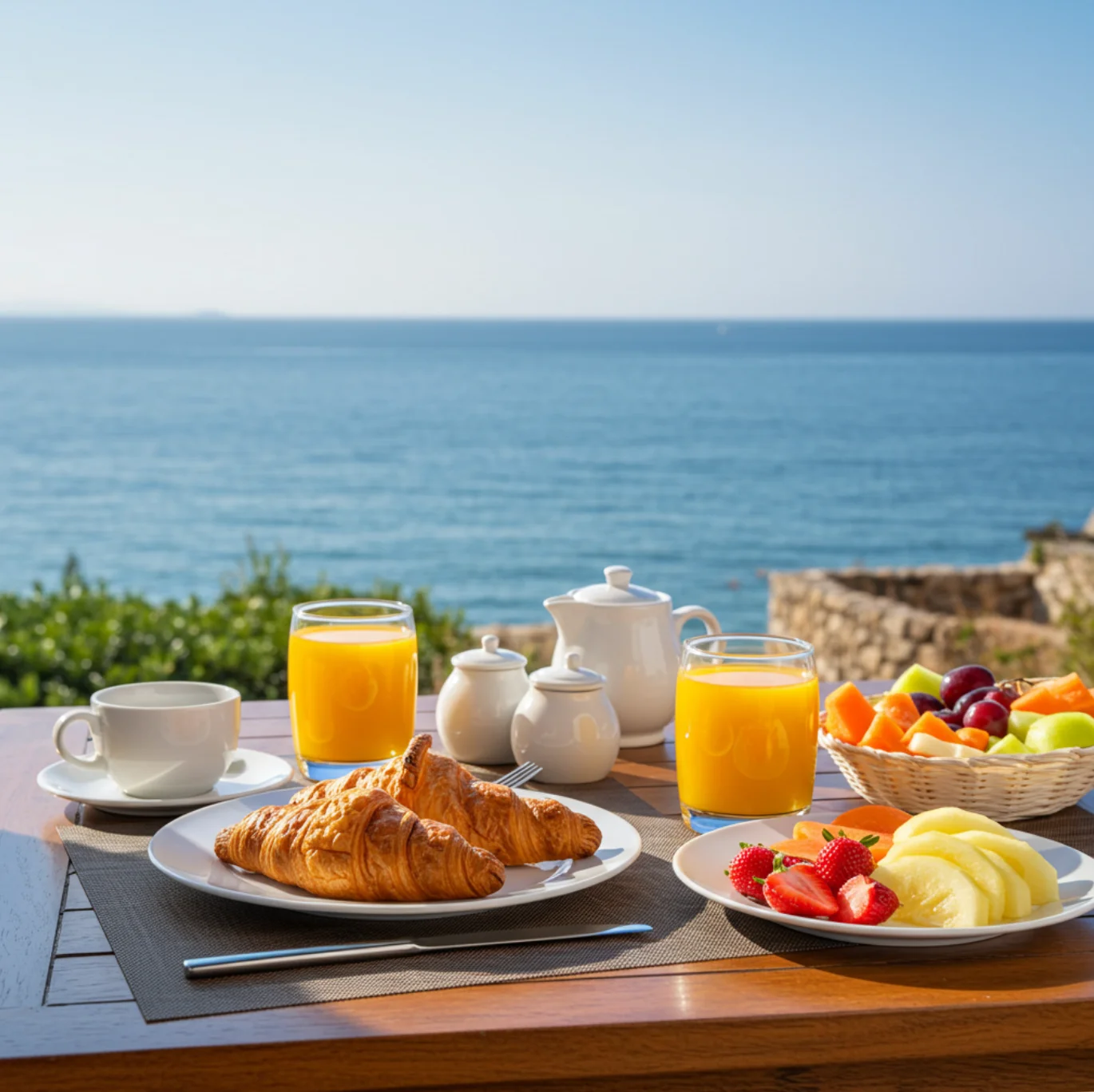 청량한 바다를 배경으로 차려진 아침 식사, 오렌지 주스와 크루아상, 신선한 과일과 커피가 놓인 여유로운 테이블