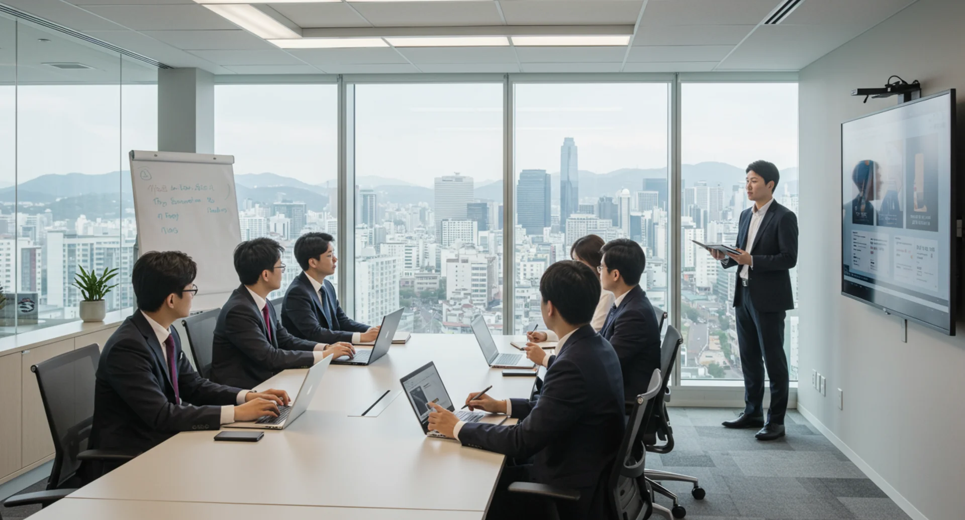 서울 시내가 보이는 모던한 오피스에서 회의 중인 한국인 직장인 남녀, 심플한 디자인의 회의실, 깔끔한 정장 차림과 프로페셔널한 분위기
