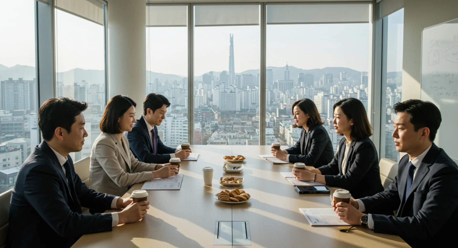 서울 도심 고층 빌딩에서 회의 중인 비즈니스 전문가들, 창밖으로 롯데타워와 도시 전경이 보이는 회의실, 커피와 다과를 나누며 진지하게 대화하는 모습