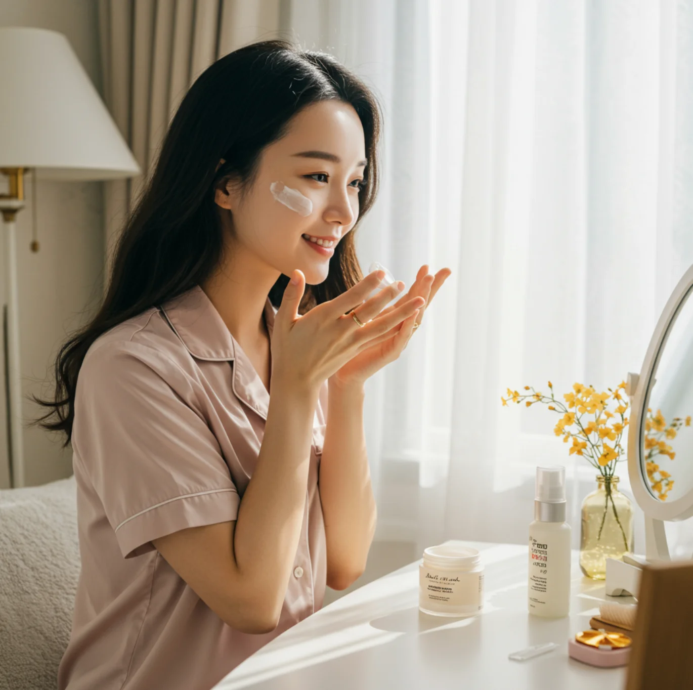 밝은 아침 햇살 아래 침실에서 스킨케어 크림을 바르는 한국 여성, 부드러운 조명과 자연스러운 미소, 셀프케어 루틴, 뷰티 제품과 함께하는 감성적인 홈 인테리어