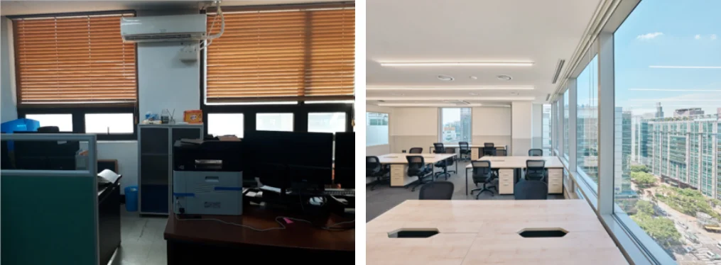 높은 파티션과 협소한 구조의 사무실과 커뮤니케이션 몰입이 가능한 사무실 비교