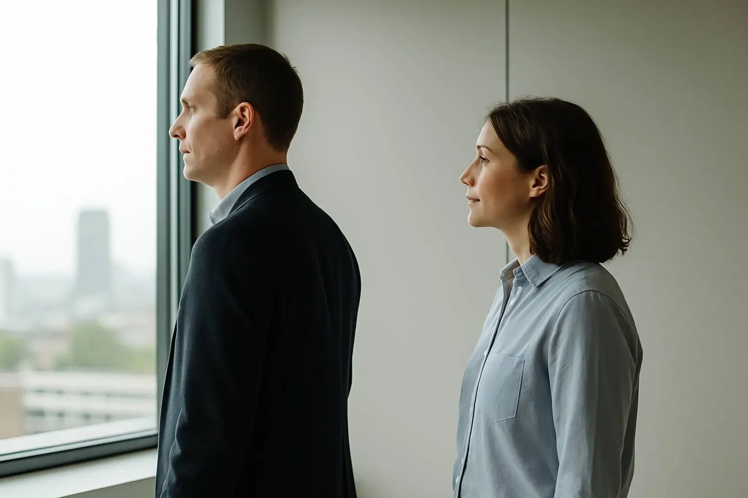 창 밖을 바라보는 대표와 조용히 서 있는 리더