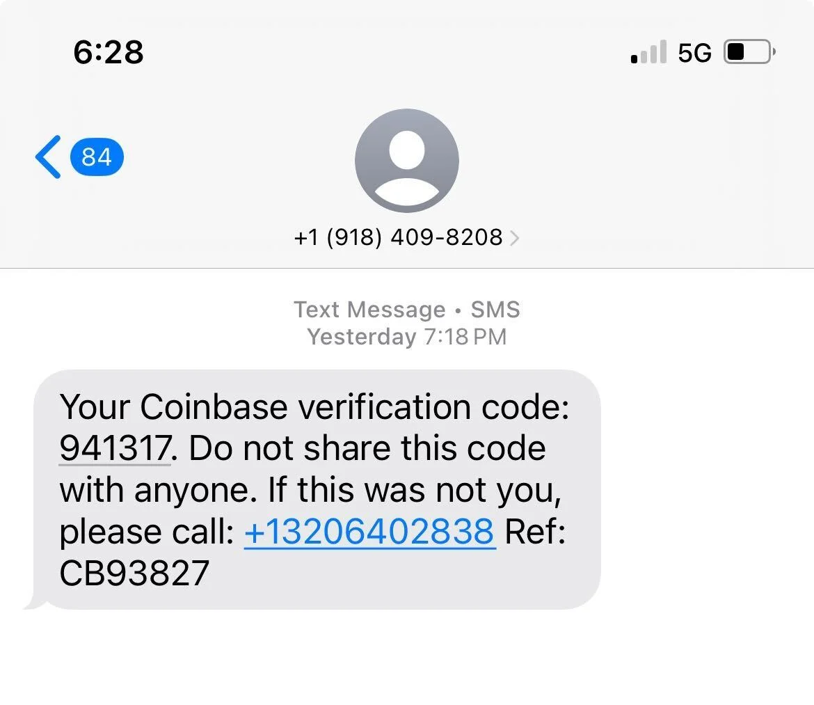A text message attempting to obtain the receiver's Coinbase information.