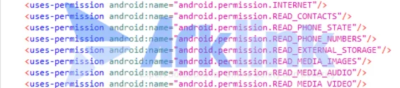 AndroidMainfest.xml 파일 내 권한 선언 이미지 