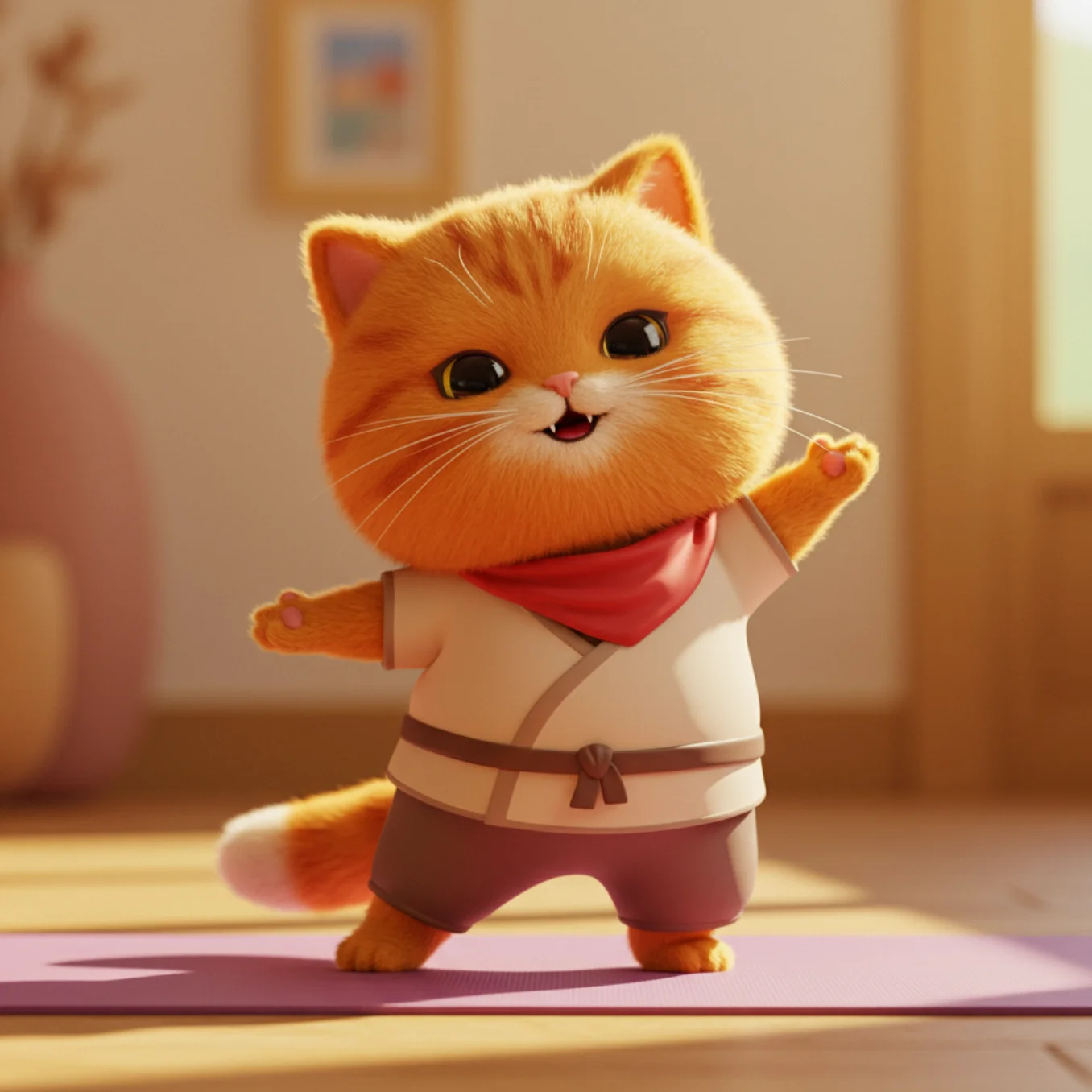 붉은색 스카프를 두른 스트레스 해소 요가 강사 고양이, 밝은 배경, 귀여운 스타일