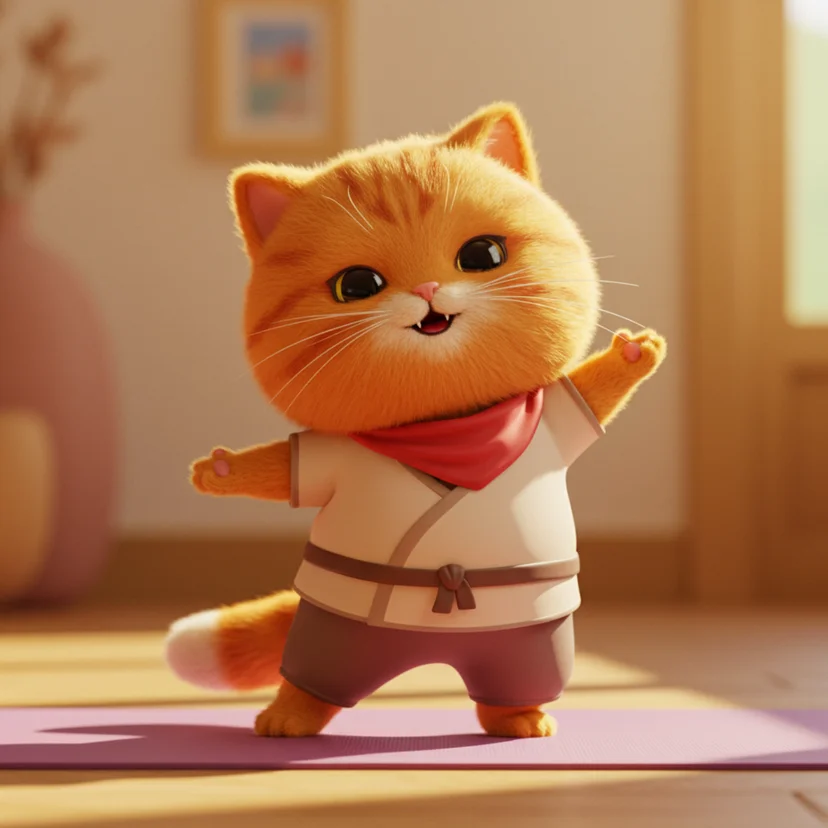 붉은색 스카프를 두른 스트레스 해소 요가 강사 고양이, 밝은 배경, 귀여운 스타일