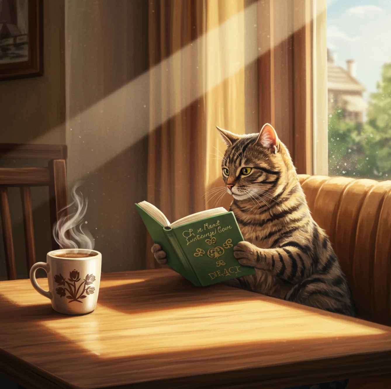 책을 읽는 고양이, 옆에 커피잔, 창밖에는 햇살 가득한 카페 분위기