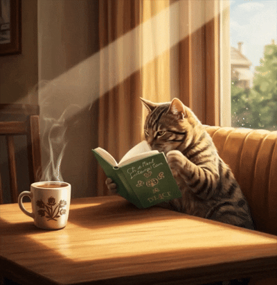 고양이가 책장을 넘기며 커피를 홀짝이는 짧은 영상 만들어줘