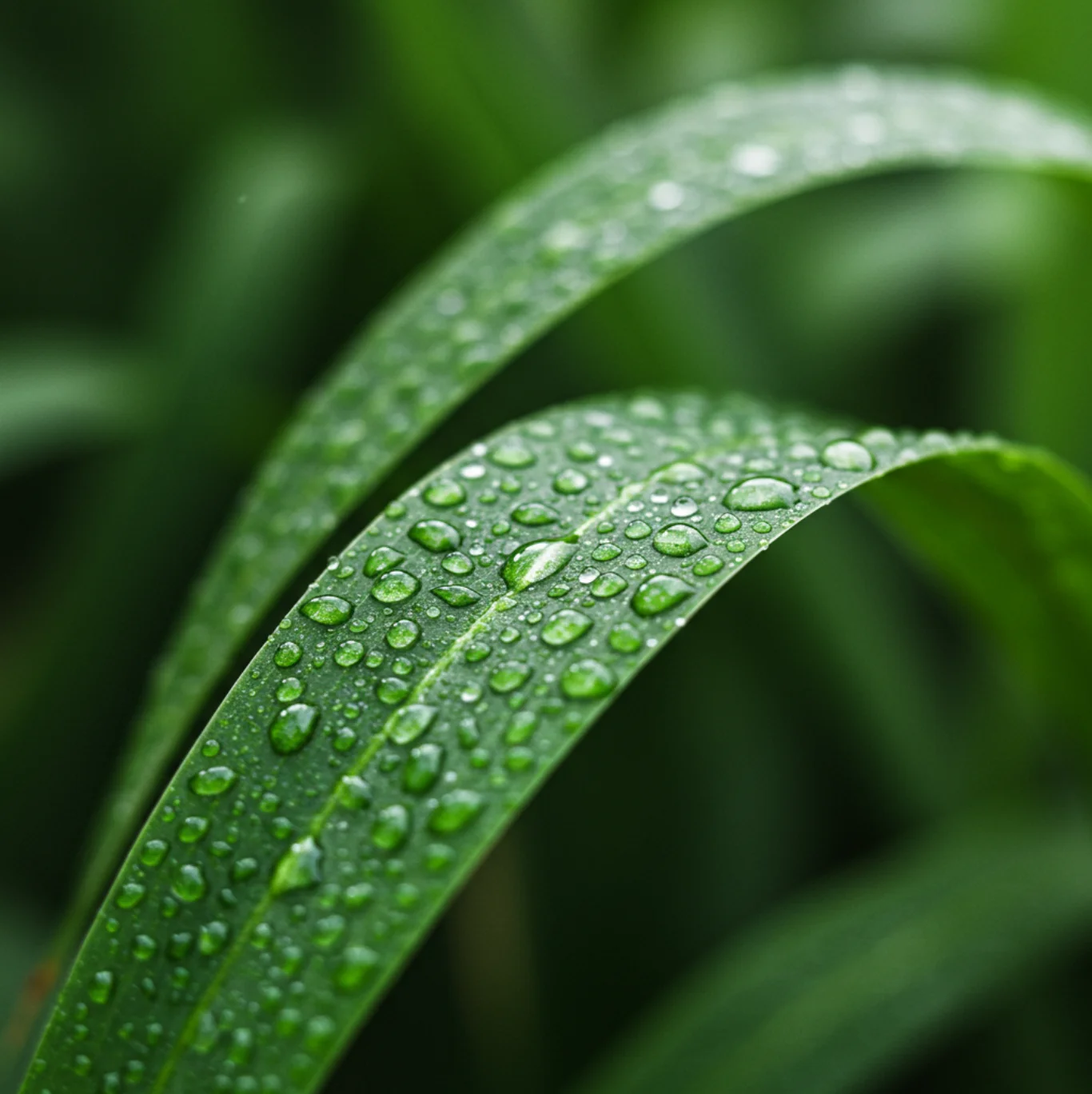 이슬 맺힌 초록 잎사귀와 투명한 빛이 어우러진, 그린과 화이트 톤의 깨끗한 자연 무드보드