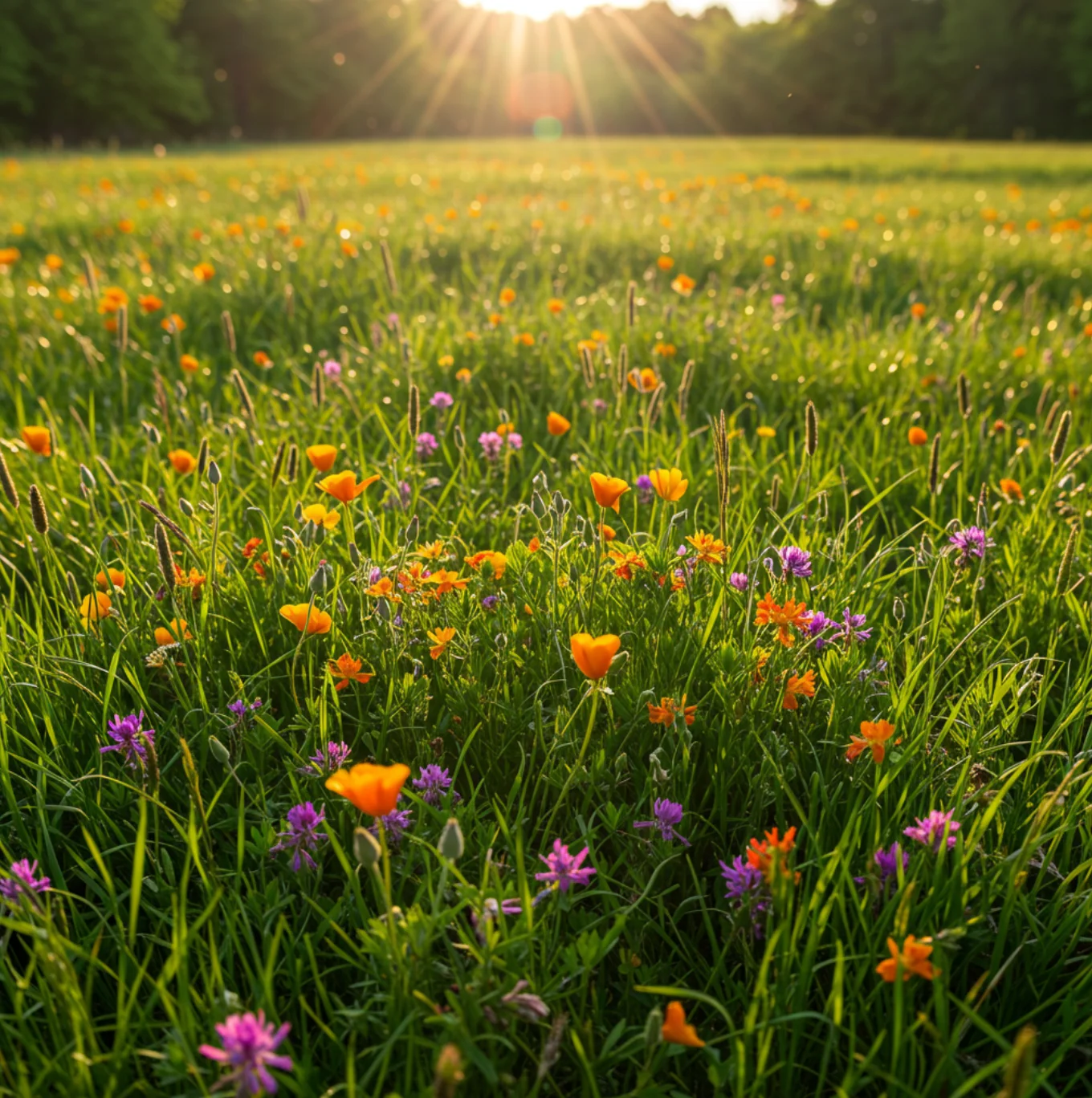 햇살이 반짝이는 초록 들판 위, 형형색색의 야생화가 흩뿌려진 감성적인 자연 무드보드