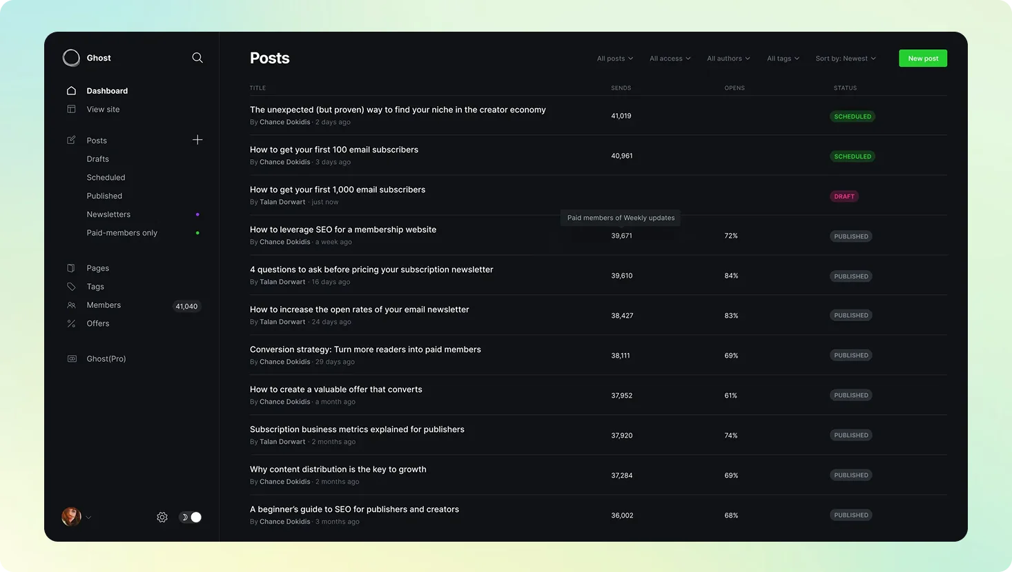 고스트 블로그 대시보드