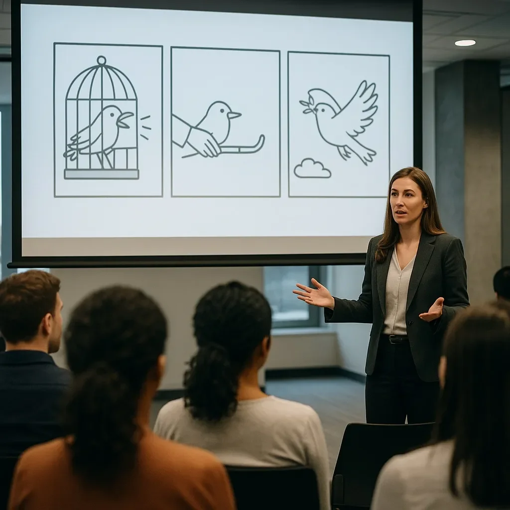 팀 신뢰와 위임을 상징하는 발표 장면