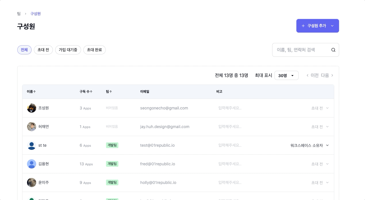 스코디 퇴사자 구성원찾기