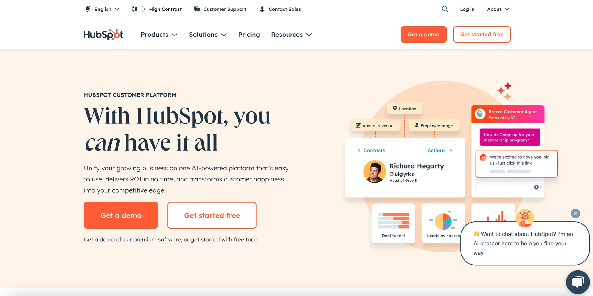 Screenshot of Hubspot's homepage 